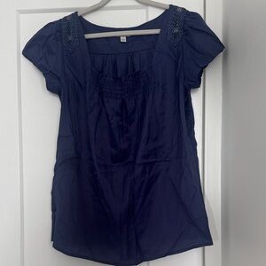 Odille Navy Blouse with Lace Shoulder Accents